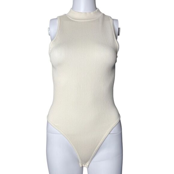 Pink Rose Ribbed Mock Neck Bodysuit Cream White XS Small - Picture 2 of 3